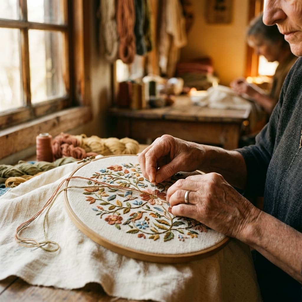 Artisan embroidering by hand — the craft behind every Anjeer garment